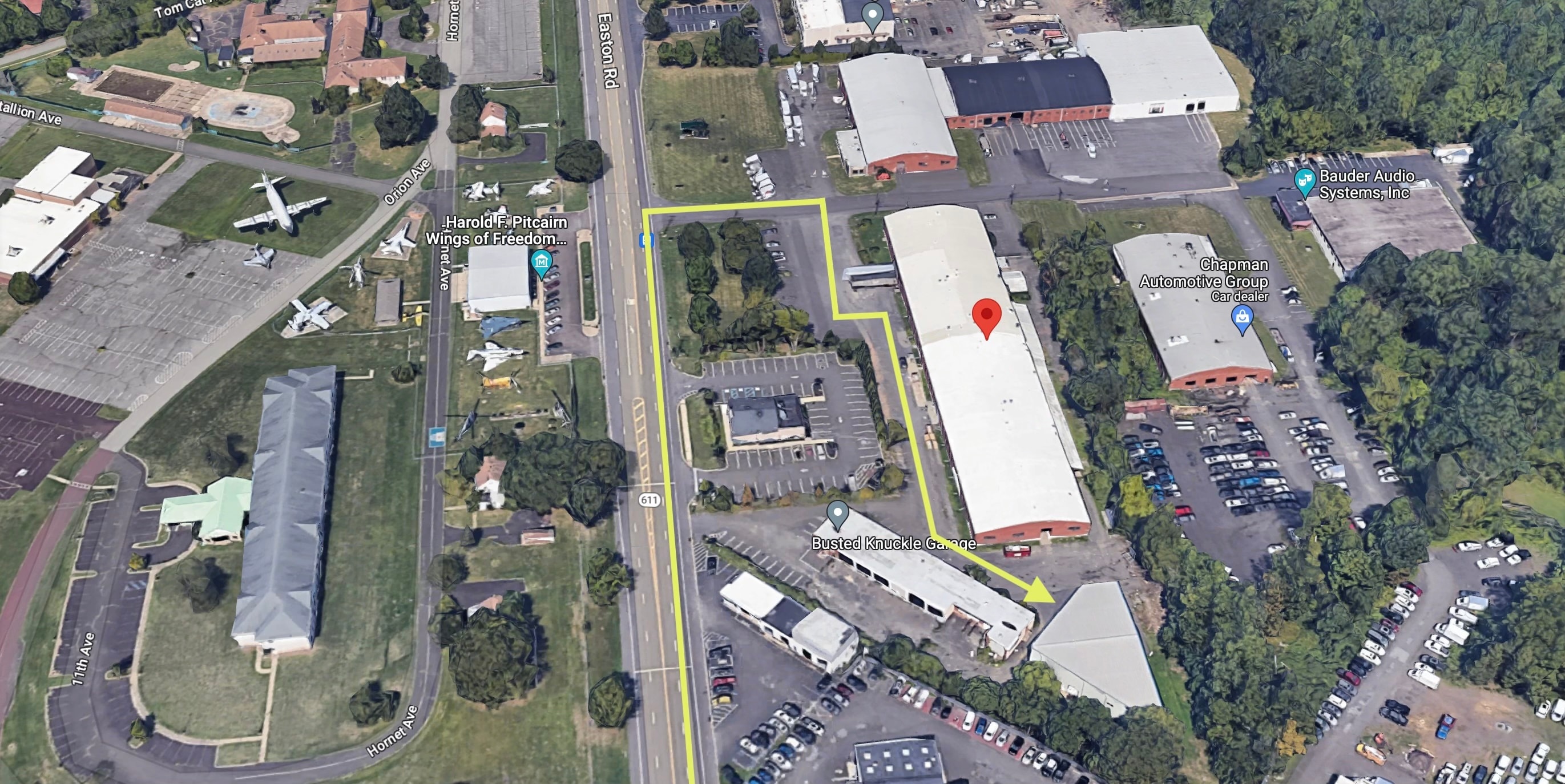 Aerial map showing PRA location at 1160 Easton Rd, Horsham PA